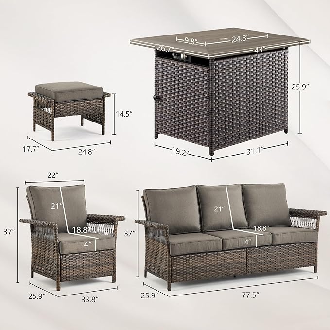 Patio Furniture Set with Fire Pit Table, 6PCS Patio Conversation Set Brown Resin Wicker Patio Chair Sofa Ottoman with 41in Rectangular Outdoor Fire Table PE Rattan Furniture Set