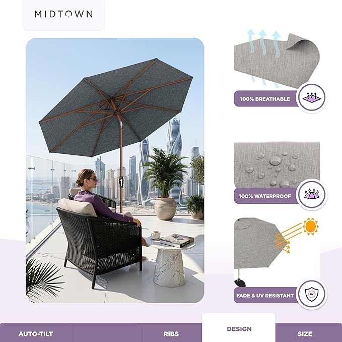 Midtown Umbrellas Wooden 2-8 Ft Patio Umbrella with 360° Swivel & Tilt Mechanism, 8 Fiberglass Ribs & Sunbrella Fabric - Outdoor Umbrella for Deck, Pool & Garden - Burgundy Canopy, Wooden Pole