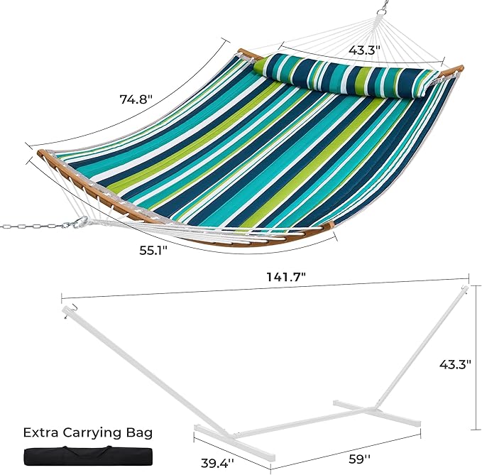 SUPERJARE Curved-Bar Hammock with Stand, 2 Person Heavy Duty Hammock Frame, Detachable Pillow & Portable Carrying Bag, Perfect for Outdoor & Indoor, Blue-Green Stripe