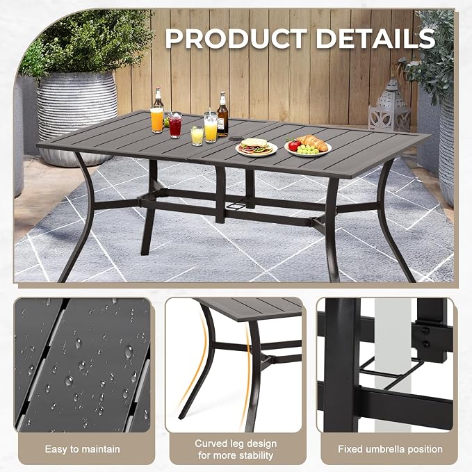 COWVIE Patio Dining Table for 6 People, 59" Metal Outdoor Table with Adjustable Umbrella Hole for Garden, Poolside, Backyard