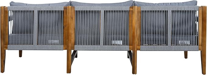 3 Pieces Outdoor Sectional Sofa Set, All Weather Rope Woven Patio Conversation Set with Solid Acacia Wood Frame, Water-Resistant Removable Cushions for Backyard Deck Poolside (Grey-4.19)