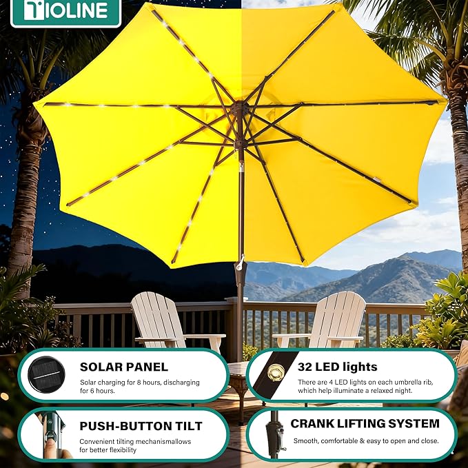 9FT Solar-Powered LED Patio Umbrella with Tilt Crank,Outdoor Market Umbrella with 32 Lights,Sunshade for Deck, Garden and Pool