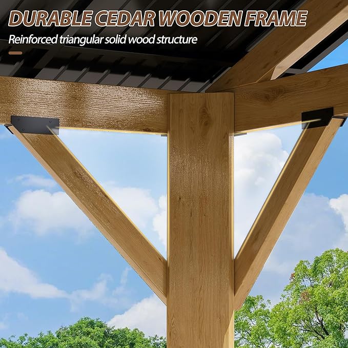 11' x 13' Wood Gazebo, Outdoor Cedar Wood Hardtop Gazebo with Galvanized Steel Roof, Wooden Frame Gazebos for Backyard, Patio, Deck