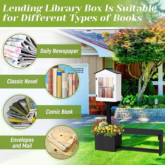 Wonderjune 3-in-1 Little Library Box Outdoor with Bench & Planter DIY Paintable Lending Free Library Pine Wood Neighborhood Share Box Ground Mount Kit for Yard Garden Community School(Black and White)