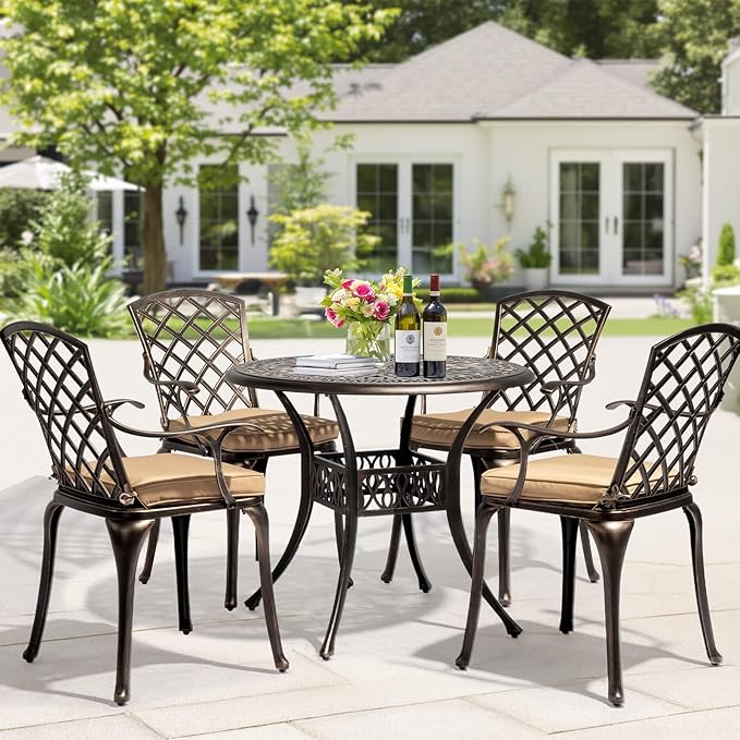 VINGLI 5-Piece Outdoor Patio Dining Set, Cast Aluminum All-Weather Outdoor Table and Chairs w/Cushion, Outdoor Furniture Set w/Umbrella Hole for Backyard Deck Poolside (Round, Grid Back)