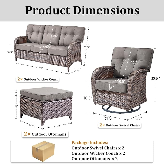 Patio Furniture Set, 6PCS Outdoor Wicker Conversation Set with 5" Thick Cushions, High Back Rattan Sofa & Swivel Rocker Chairs, Weather Resistant Olefin Fabric for Garden, Poolside Brown/Grey