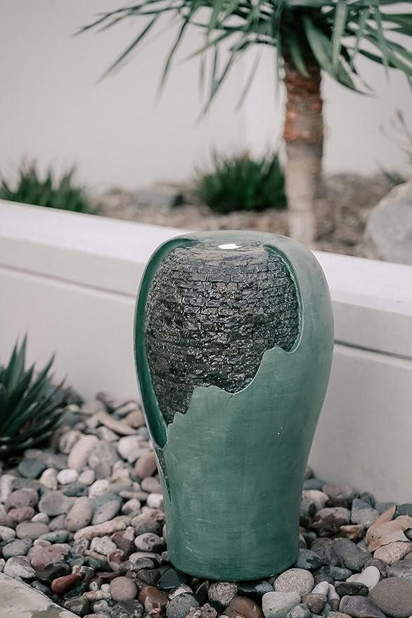 XBrand 25" Inch Tall Modern Round Broken Egg Shell Jar Waterfall Fountain with LED Lights and Auto Shut Off Pump, Home and Garden Décor, Patio, Deck, Backyard, Indoor/Outdoor Décor, Turquoise