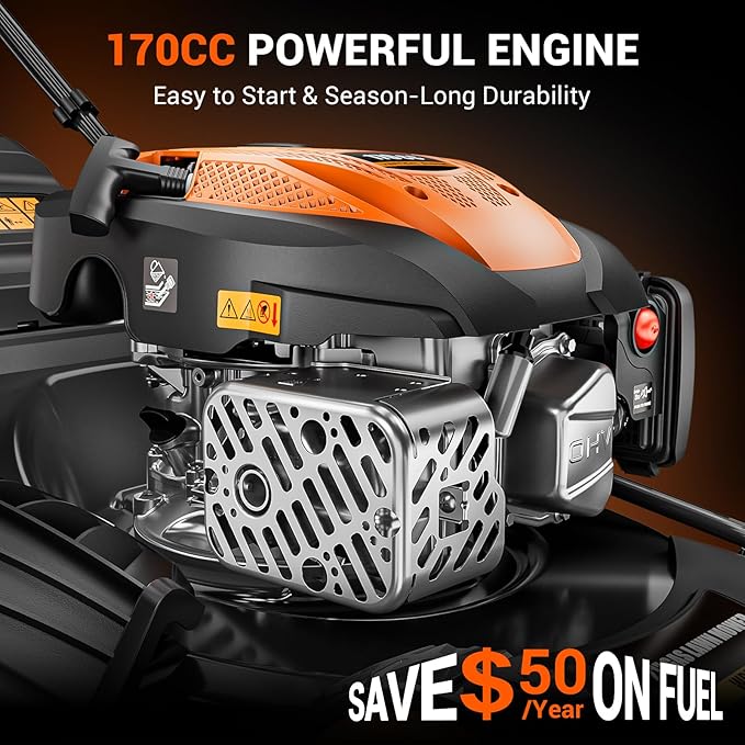 21" Self-Propelled Gas Lawn Mower, 170CC Engine, 3-in-1 Mulching, Bagging & Side Discharge, 7-Position Height Adjustment, Easy Lawn Care for Large Yards & Thick Grass