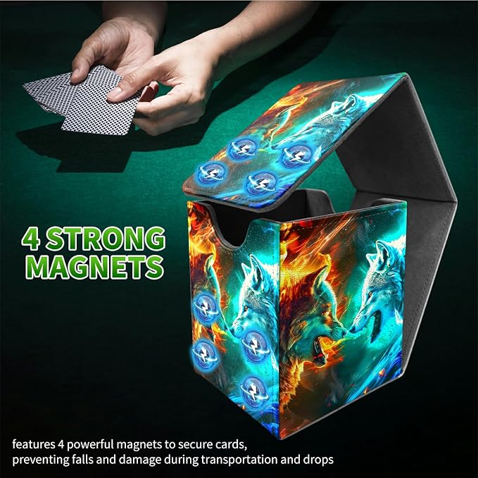 Deck Box for MTG, Cards Storage Box Fits 120+ Sleeved, Leather Medium Size Strong Magnetic Closing Card Case for Board Games Magic TCG CCG Baseball Collection, Two Flaming Wolves