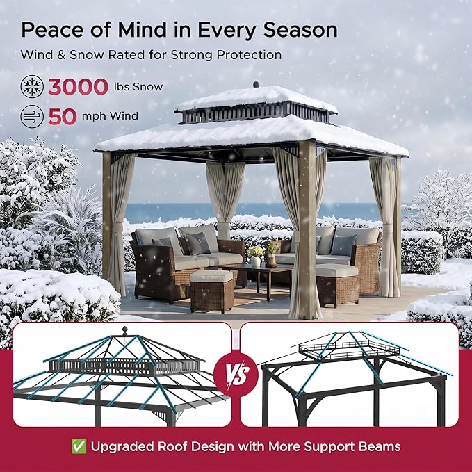SUNJOY Kingston 12' x 10' Hardtop Wood Gazebo with Galvanized Steel Double Roof, Curtain and Netting, Cedar Posts Permanent Pavilion Gazebo for Garden, Patio, Deck, Lawn
