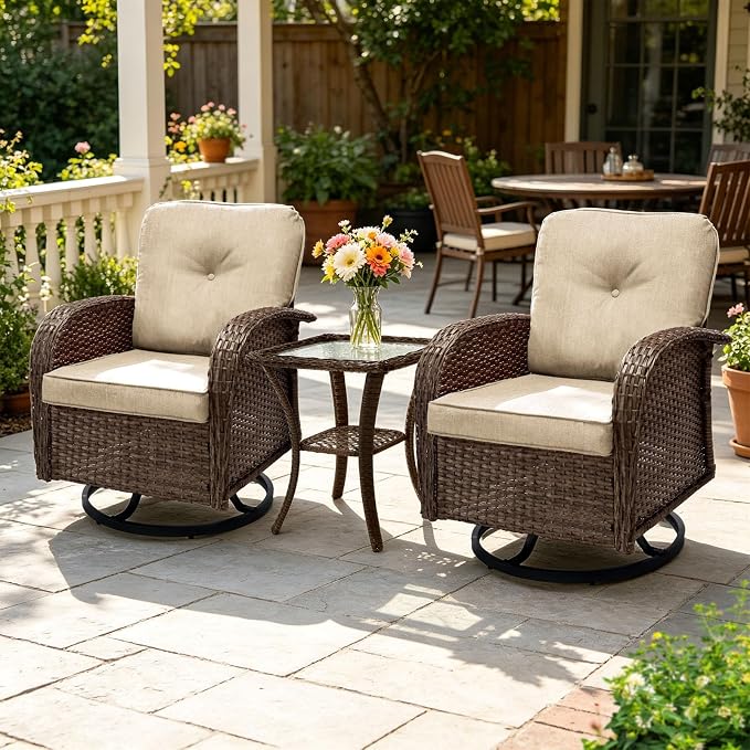 SHGJ&SOFT All Weather Patio Furniture Set, High Back Swivel Rocker Glider Chairs，Ottomans & Glass Tables, Outdoor Conversation Set for Deck Porch Yard Poolside (Brown, 3PCS-Swivle Chairs&Table)