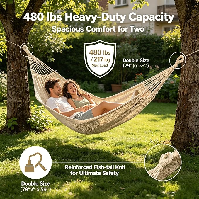 Double Mayan Handwoven Cotton Rope Hammock for Outdoor Indoor Patio Backyard, 79x59 Inch Bed, 480 lbs Capacity, 2 Person (White)