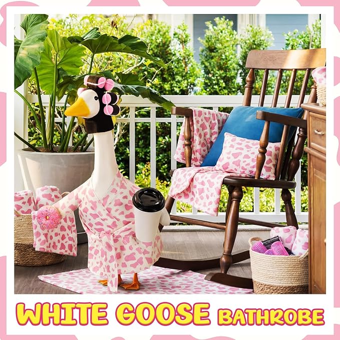 Shyyween Lady Porch Goose Outfit for 23'' Cement Plastic Lawn Goose Statue Clothes Cow Bathrobe Coffee Cup Curlers for Outdoor Garden Yard Patio Decoration