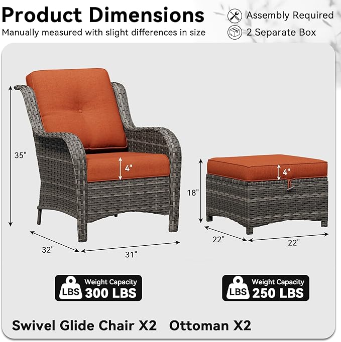 4 Piece Outdoor Wicker Patio Furniture Set, Patio Chairs Set with Thickened Olefin Cushions, High Back and Deep Seating, Hand-Woven PE Rattan, Ottoman for Porch, Deck, Orange