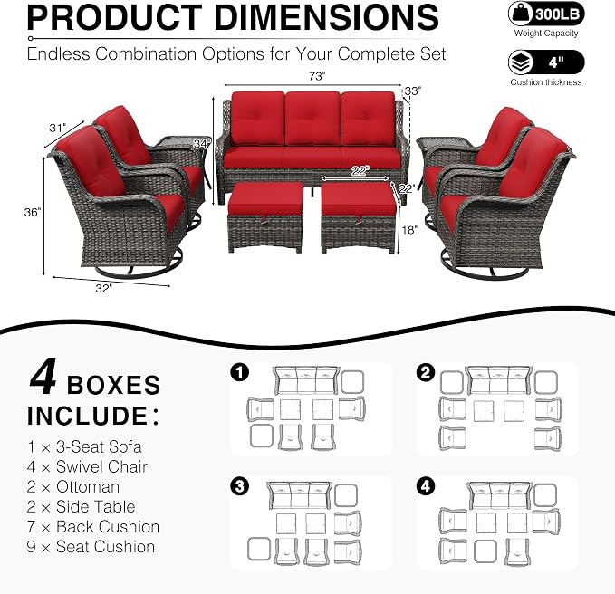 Joyside 9 Piece Wicker Patio Furniture Set, Outdoor Swivel Rocker Patio Chairs with High Back, Deep Seating, Wide Armrest, Thickened Cushions, Outdoor Furniture for Deck, Porch Use