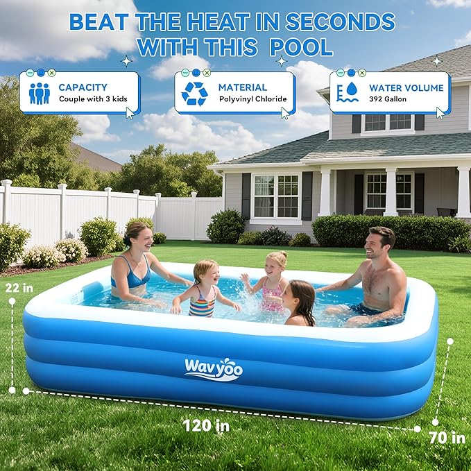 Large Inflatable Pool for Kid and Adult, 120"x70"x22" Blow Up Pool Backyard | Oversized Thickened Durable, Outdoor, Garden, Summer Water Party