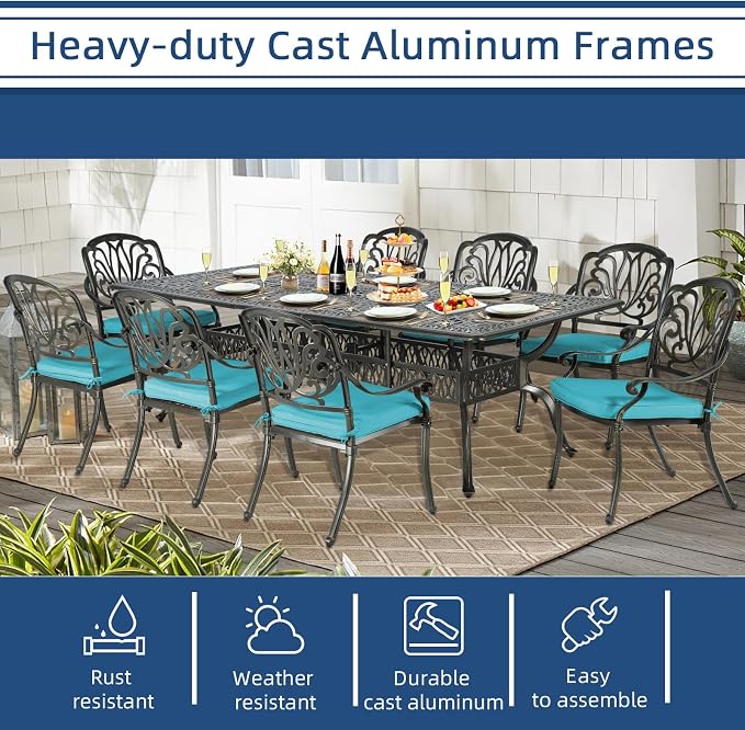 9-Piece Patio Cast Aluminum Dining Set, Outdoor Dining Furniture Set for 8 Person, Includes 94.5" Rectangular Dining Table and 8 Cushioned Chairs with Umbrella Hole, Ocean Blue