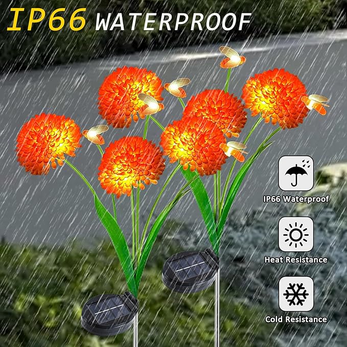 2 Pack Solar Outdoor Decorative Lights, Garden Lights Solar Powered Waterproof with Swaying Bees Lights & Flowers, Gifts for Women Grandma, Solar Decorations for Garden Yard Lawn Ornaments (Bee Warm)