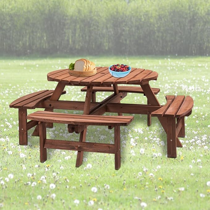 8 Person Wooden Picnic Table, Outdoor Camping Dining Table with Seat, Garden, DIY w/ 4 Built-in Benches, 2220lb Capacity Brown