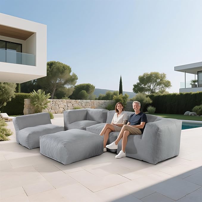 Patio Furniture Set, 5Pcs Outdoor Conversation Set with Bean Bag Middle Chairs, Corner Chair, Ottomans, Modern Foam Couch Set for Garden, Deck, Balcony (5, Deep Gray)