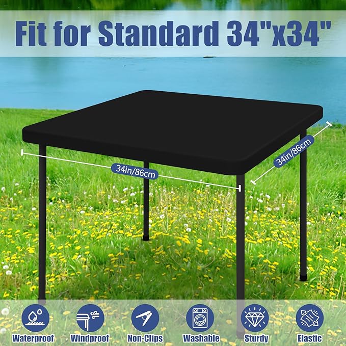 Moosfor Spandex Picnic Table Cloth 2 Pack, Elastic Fitted Tablecloths for Square Tables, Stretch Washable Patio Table Cover for Outdoor, Camping, Banquet and Parties (Black, 34"x34")