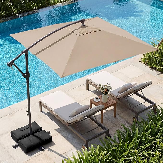 Tangkula 8x8 FT Patio Umbrella with Base Included, Square Offset Cantilever Outdoor Umbrella with 360 Degree Rotation, Crank Handle, Sandbags, 8 Ribs for Pool Deck Garden Backyard