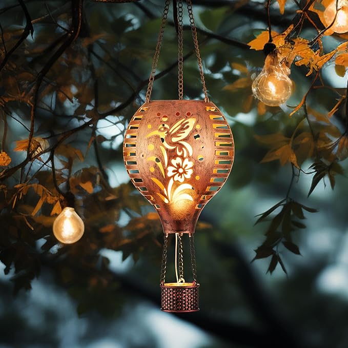 TERESA'S COLLECTIONS 1 Pack Hummingbird Hot Air Balloon Hanging Solar Lantern for Garden Decor,10.6 Inch Outdoor Lights for Tree Yard Decorations,Patio Yard Front Porch Lawn Ornaments as Gifts for Mom