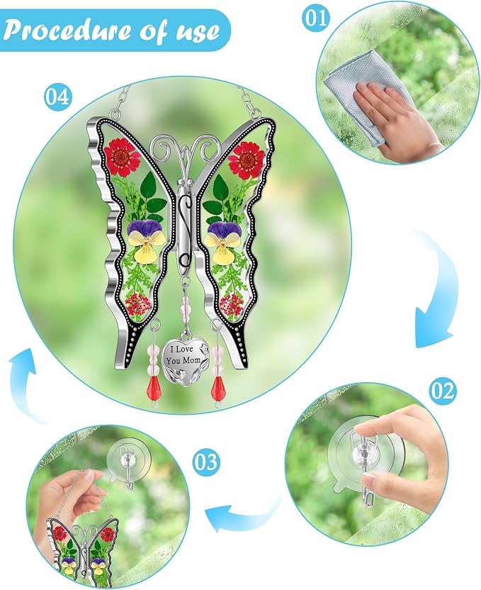 KY&BOSAM Butterfly Suncatcher I Love You Mom Gifts Window Hanging Decor | Wind Chimes,Metal,Pressed Flower ,Glass and Charm,Gifts for Mom Mother's Day Valentine's Birthday Thanksgiving Christmas