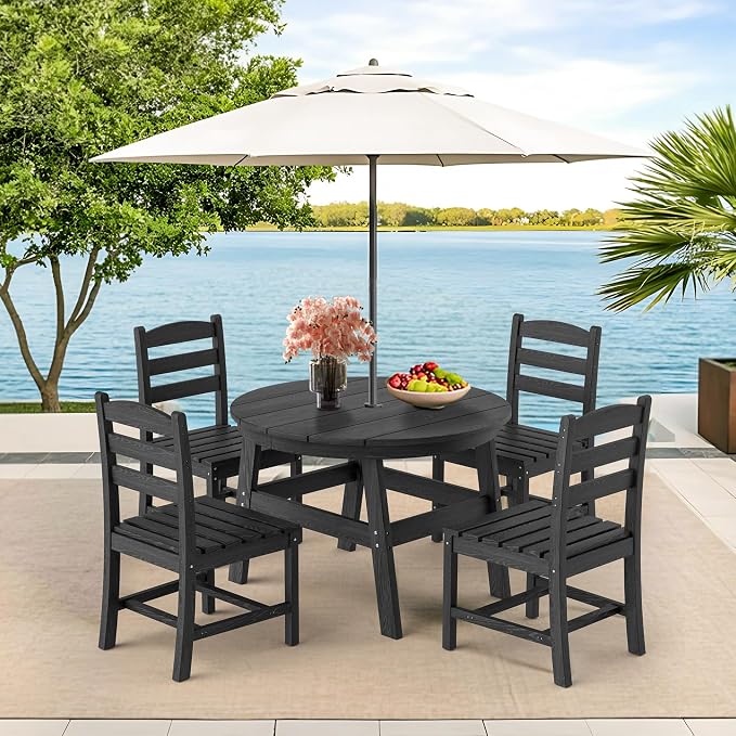 Pamapic 5 PCS Round Outdoor Dining Set, Wood Grain HDPE Outdoor Table and Chairs with 105° Ergonomic Backrest, Durable Patio Dining Table with Umbrella Hole, Black