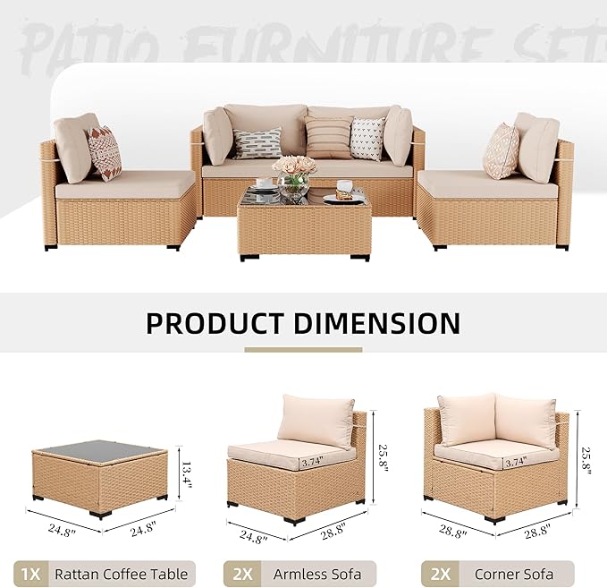 UPHA 5 Pieces Patio Furniture Sets, Wicker Outdoor Sectional Sofa Couch with Coffee Table, Patio Conversation Set for Deck Backyard Garden, Beige Rattan, Beige Cushion