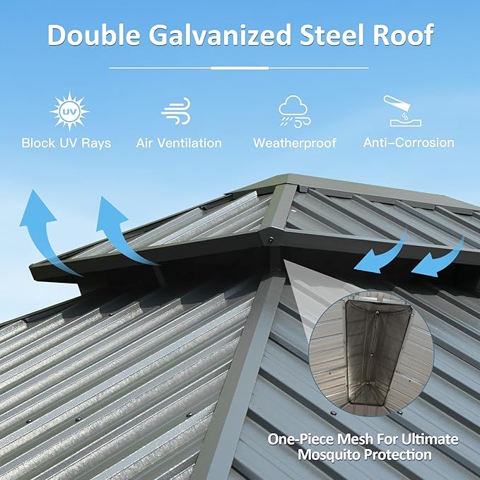Domi 13' X 15' Hardtop Gazebo, Upgraded Metal Gazebo with Drainage System, Dual-Layer Galvanized Steel Roof, Curtain and Netting, Outdoor Shelter Canopy for Patio, Garden, and Backyard, Grey