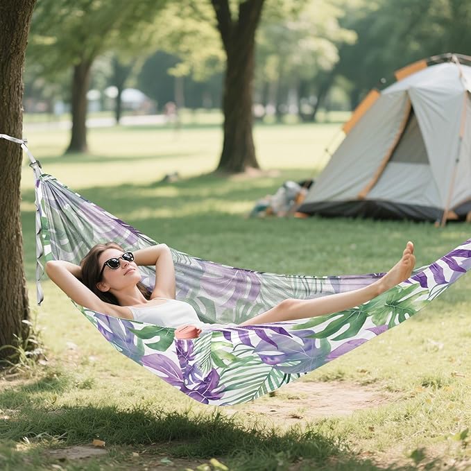 Camping Hammock Outdoor Hammocks for Outside Green Purple Tropical Leaf Beach Trees Portable Lightweight with Pockets Tree Straps Indoor Small