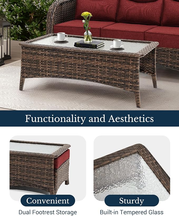 HILLGA Luxury Outdoor Patio Furniture Set with 6-Inch Thick Cushions,High Back Wicker Swivel Rocker Chairs, 13 Pcs All Weather Conversation Set for Large Deck, Yard and Poolside, Burgundy (V3)