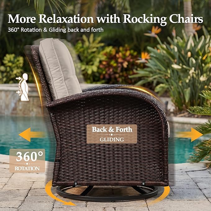 UPHA 6 Pieces Patio Furniture Sets, Wicker Outdoor Sofa Set with Loveseat & 3-Seat Couch, Swivel Chairs, Patio Conversation Set for Deck Backyard Garden, Brown Rattan, Beige Cushion