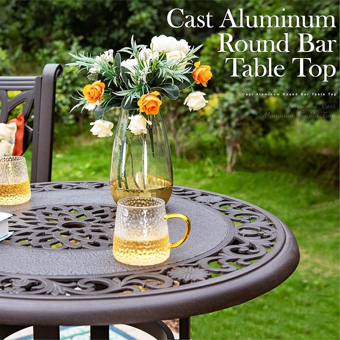 PHI VILLA 3 Pcs Cast Aluminum Patio Bistro Set, 2 Extra Wide Swivel Chairs with Cushion & 1 Round Bistro Dining Table with Umbrella Hole