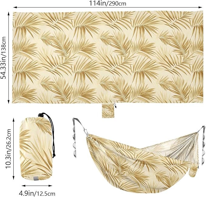 Camping Hammock Outdoor Hammocks for Outside Golden Tropical Plants Beach Trees Portable Lightweight with Pockets Tree Straps Indoor Small