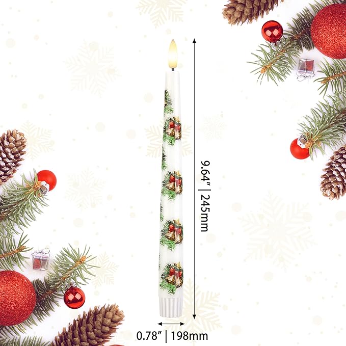 Christmas Flameless Taper Candles with Pine Leaves, Pine Cones, Bells, 9.6" Real Wax LED Candles with Remote, 3 Pcs Flickering Battery Operated Candlesticks, Xmas Candle for Home, Party Decor