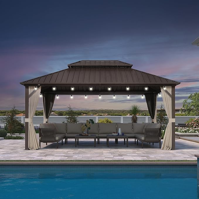 PURPLE LEAF 12’ X 16' Hardtop Gazebo Outdoor Metal Frame Galvanized Steel Double Roof with Curtains and Nettings for Patio Desk Backyard Bronze