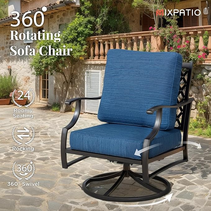 Patio Furniture Set 6 pcs, Outdoor Patio Furniture, 1 X 3-Seat Sofa, 2 X Single Chairs, 2 X Swivel Chairs, 1 X Coffee Table and 5.75" Extra Thick Cushion, Patio Conversation Set,Gemstone Blue