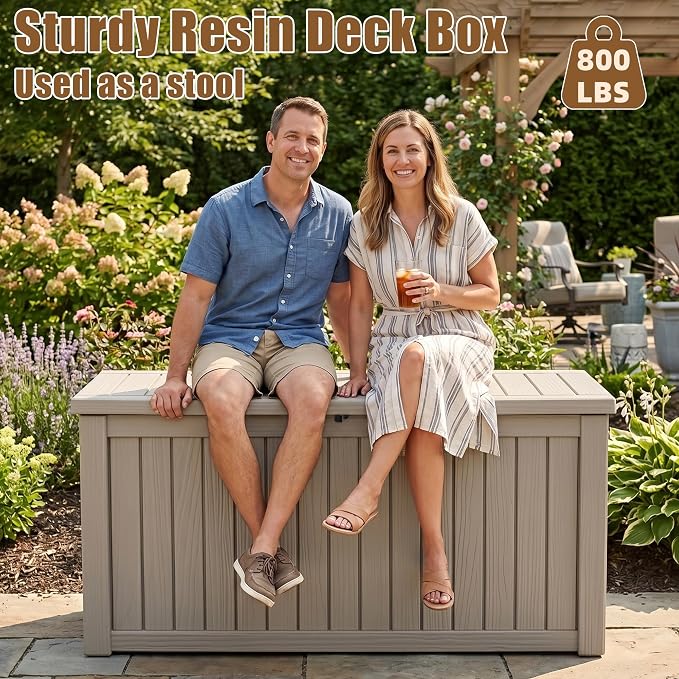 280 Gallon Outdoor Storage Box, Extra Large Resin Deck Box, Waterproof Lockable Storage Container, XXL Storage Bins with Lids for Patio furniture, Garden Tools, Grey