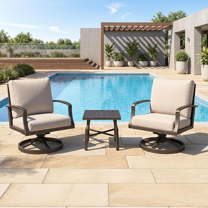 3-Piece Patio Furniture Set, Never-Rust Aluminum Swivel Patio Sofa Set with 2 Swivel Armchairs and Side Table, Patio Conversation Set with Cushions for Porch, Backyard, Poolside, Dark Bronze