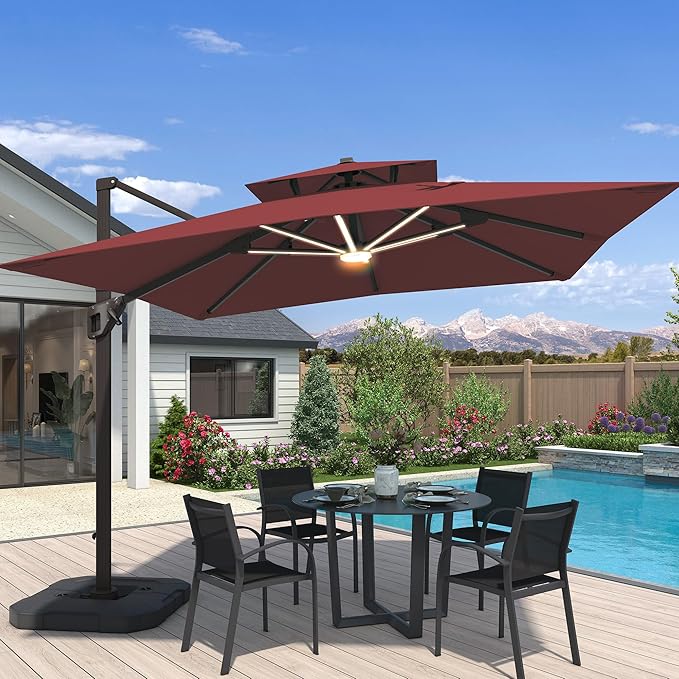 10x10 FT Cantilever Patio Umbrella with Base and Led Lights Double Top Outdoor Square Large Heavy Duty Aluminum Offset Umbrellas with 7 Level Tilt 360-degree Rotation for Pool Garden Deck, Wine Red