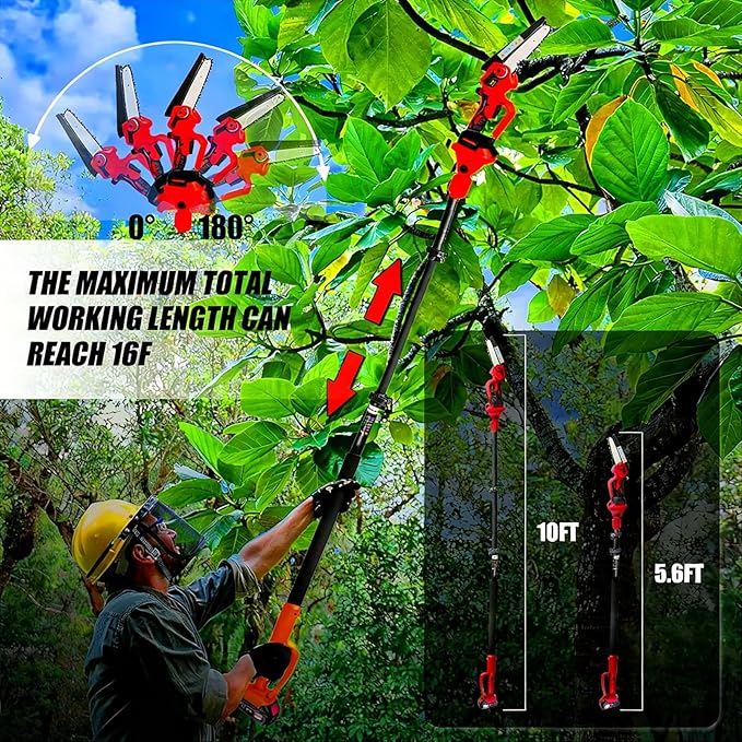 2-in-1 Electric Pole Saws & 6 Inch Cordless Mini Chainsaw for Tree Trimming with Extension Pole & 2Pcs Battery Powered, 16 Feet Electric Pole Chainsaw, Tree Trimmer Limb Branch Cutter Pruner-Red