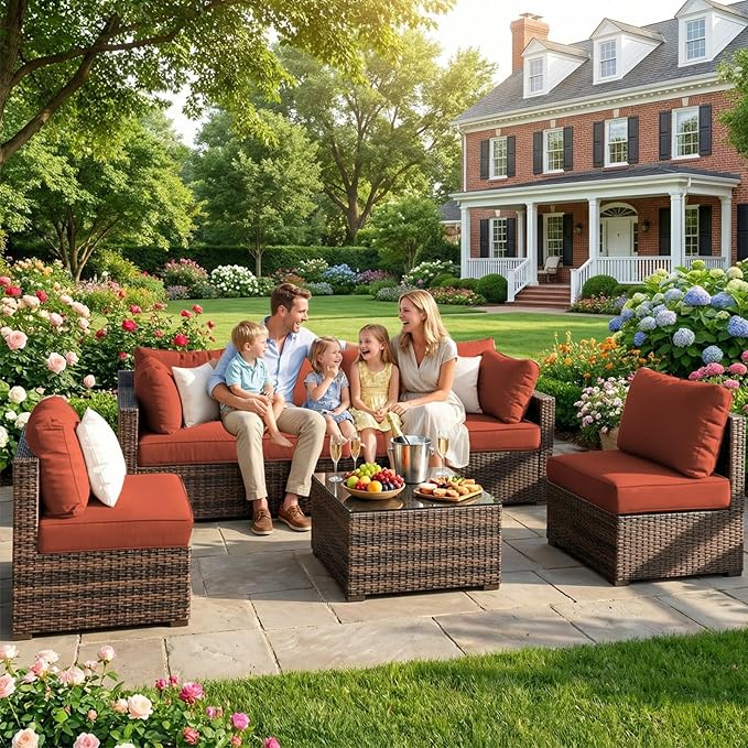 Patio Furniture Set 7 Piece Outdoor Wicker Sectional Sofa - All Weather High Backrest PE Rattan Couch Conversation Set with Cushion & Glass Top Table for Backyard Deck (Red, L-7 pcs w/glass table)