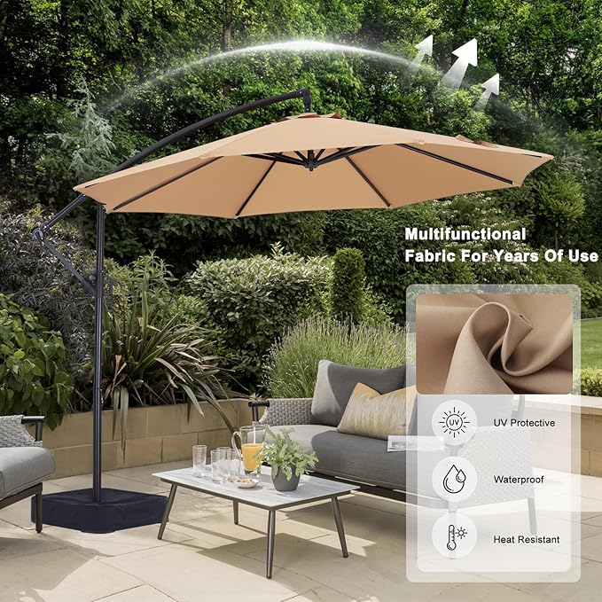 ABCCANOPY 10FT Cantilever Patio Umbrella with base included, 360° Rotation Outdoor Offset Umbrella Bonus Fix Frame & Weights Bag for Backyard, Deck, Poolside (Khaki)