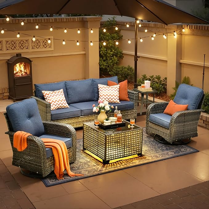 Patio Furniture, All Weather Wicker 6 PCS Outdoor Sofa with High Back Swivel Rocker Chairs, Conversation Set with Solar Light Coffee Table,Light Rattan Blue Cushion