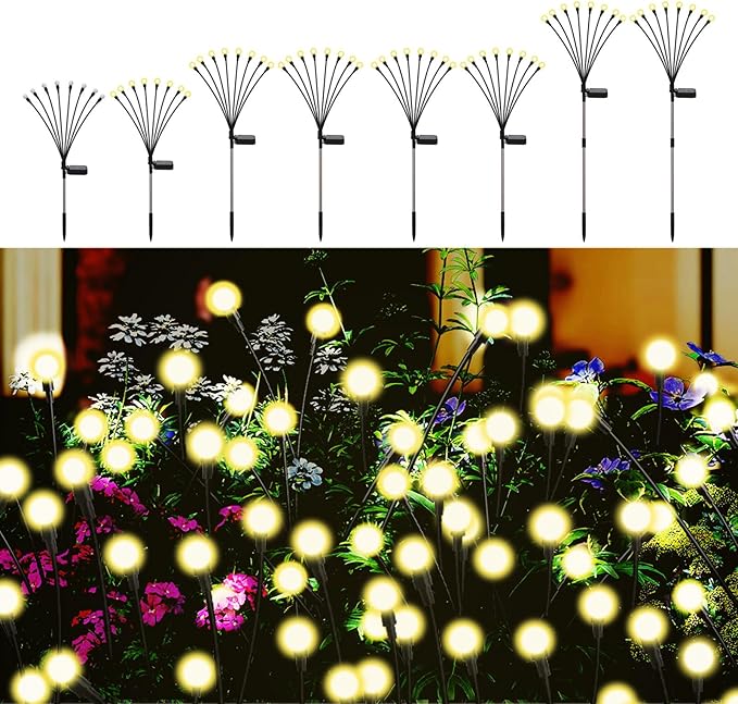 Solar Firefly Lights Outdoor, 8 Modes 800mAh Swaying Flashing Firefly Garden Lights Solar Powered Waterproof for Outside Yard Patio Pathway Lawn Christmas Garden Decor Warm White (8 Pack)