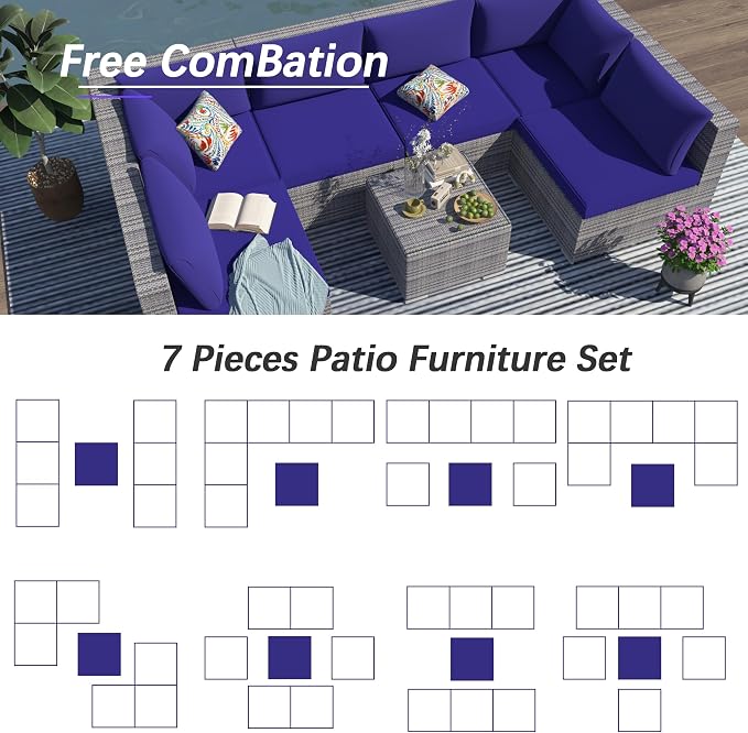 7 Piece Outdoor Sectional with Waterproof Cushions, Outdoor Patio Furniture Set with Coffee Table, Sectional Couch Sofa with Cushions, Wicker Outdoor Conversation Set for Backyard & Garden, Navy Blue