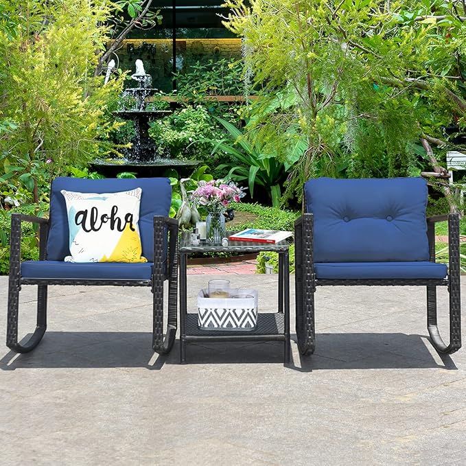 Tangkula 3 Pieces Patio Wicker Rocking Bistro Set, Outdoor Rocking Chair Furniture with Cushioned Seat, Conversation Set with Glass Coffee Table and Storage Shelf (Navy Blue)