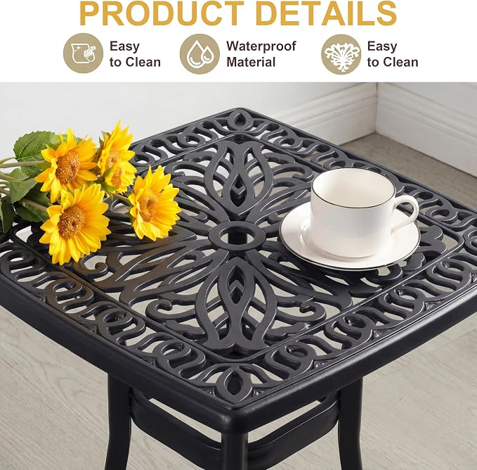 Cast Aluminum Bistro Table, Small Outdoor End Table, Rustproof Weather Resistant Patio Coffee Table, 21Inch Side Table for Indoor Garden Porch Balcony Backyard,Black